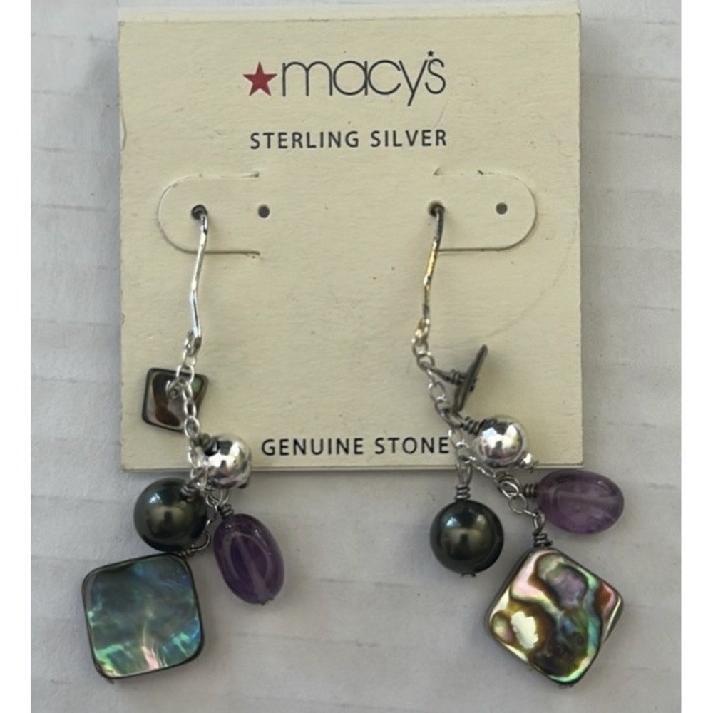 Macys Sterling Silver Abalone Amethyst Pearl Dangle Earrings‎ Genuine Stone NEW